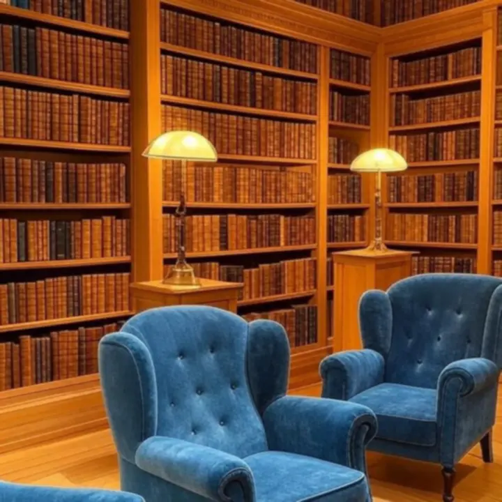 Book Flow House virtuális könyvtár tölgyfa polcokkal és válogatott könyvekkel