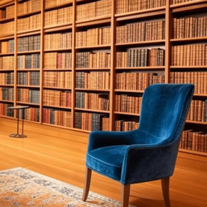 Diófa erezetű polcokon elrendezett prémium ismeretterjesztő könyvek pergamen tónusú környezetben